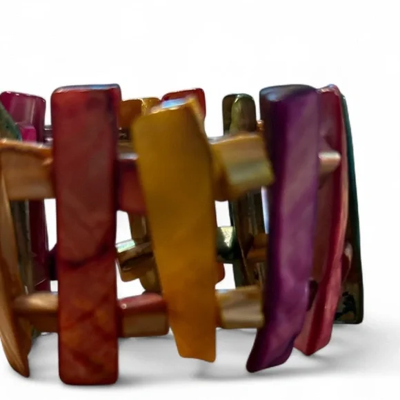 Vintage Shell Bracelet Rainbow Glazed Seashell Accordion Chunky Stretch Cuff - Picture 2 of 4